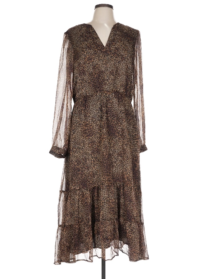 Nwt Lavender Brown Boho Romantic Animal Print Tiered Chiffon Maxi Dress Size L